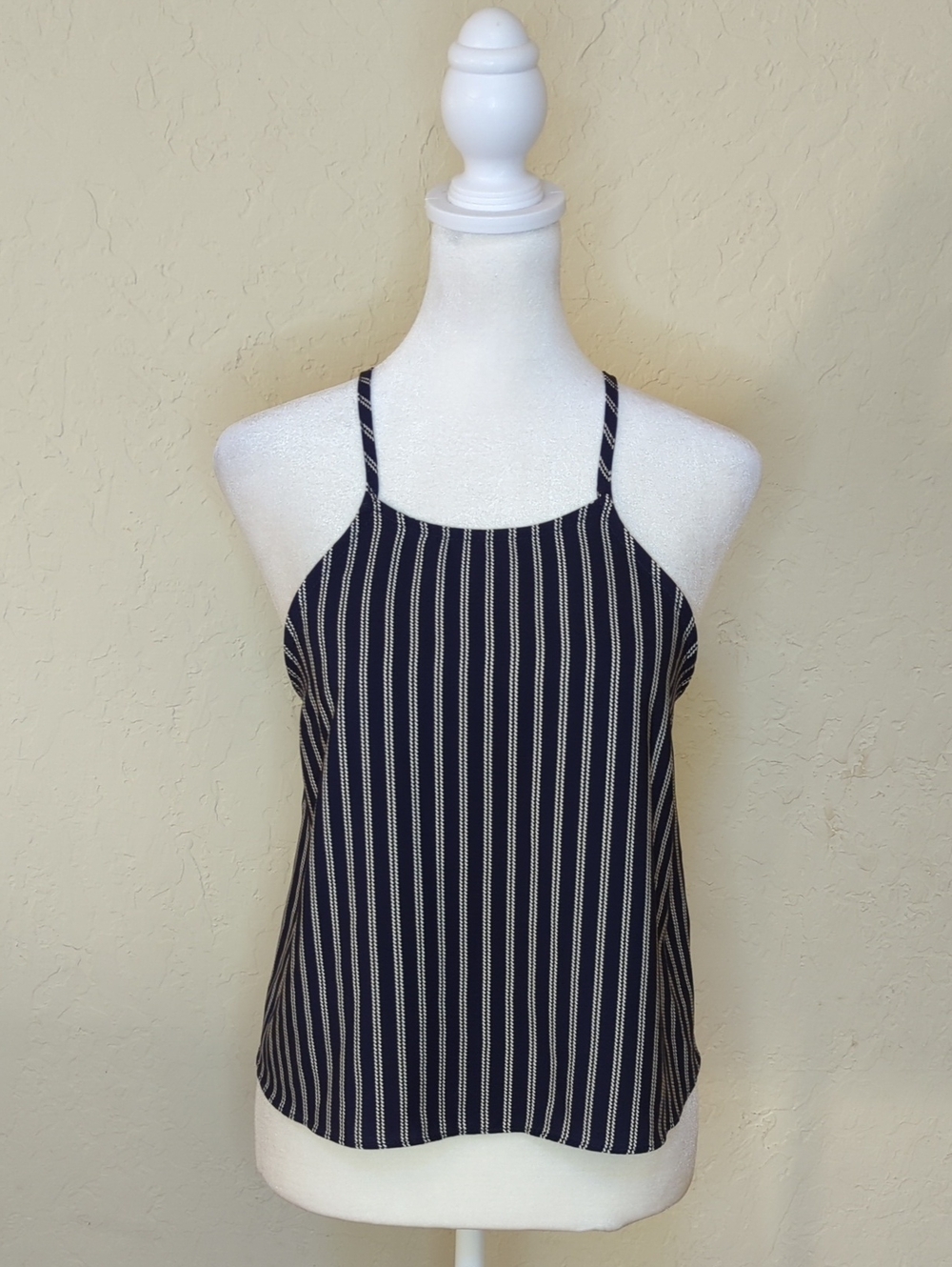 Aqua Navy and White Vertical Stripe High-Neck Halter Cami Tank Top Size LP